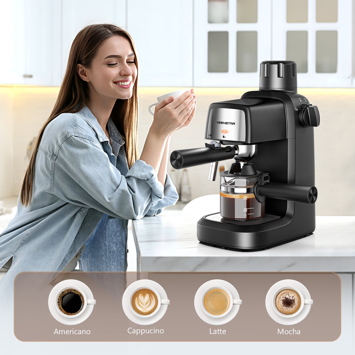 Coffee Machine, 3.5 Bar Coffee Maker with Milk Frother, 800W Compact Espresso and Cappuccino Machine with Preheating Function