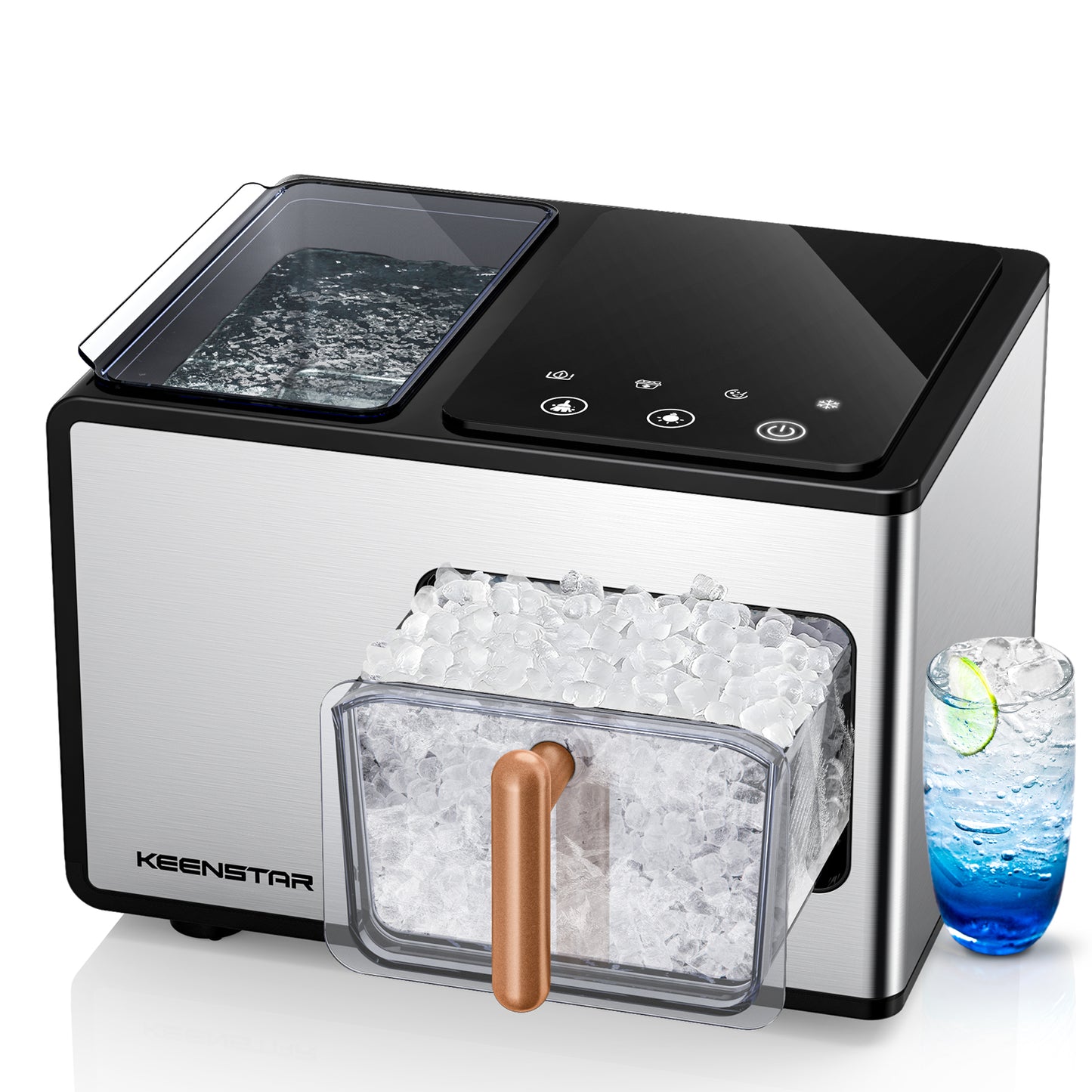 Keenstar Nugget Ice Maker Countertop, 40lbs/24H, Pebble Ice Maker with Soft Chewable Ice, Self Cleaning Sonic Ice Machine, Stainless Steel with Touch Screen, Compact Design for Home Office Bar Party