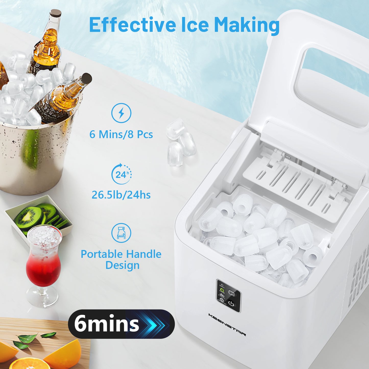 Countertop Ice Maker, Portable Ice Maker Machine 26.5lbs/24Hrs, 8 Bullet Ice Ready in 6 Mins, Self-Cleaning Handheld Ice Maker