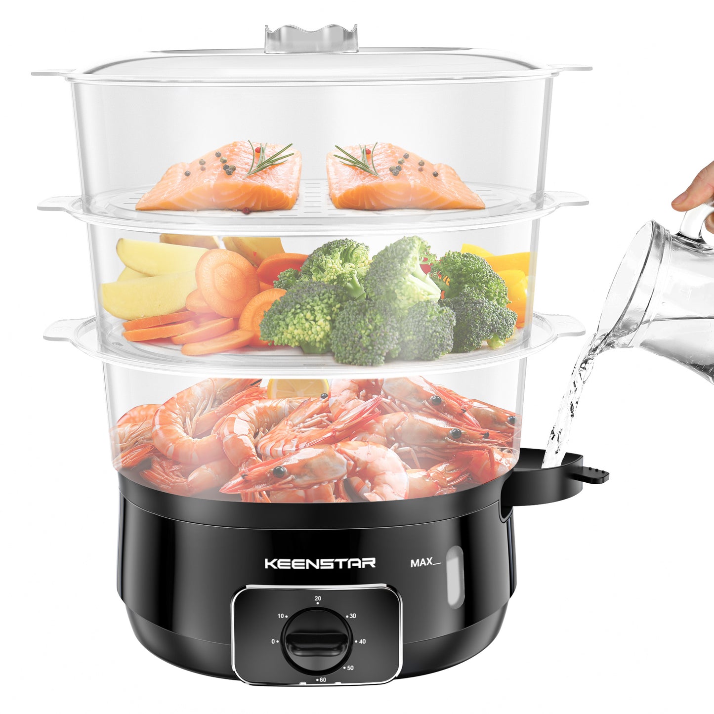 13.7QT Electric Food Steamer for Cooking, 3 Tier Vegetable Steamer, 800W Fast Simultaneous Cooking, 60-Minute Timer, Veggies Steamer, Ideal for Fish Seafood Rice, Stackable BPA-Free Baskets