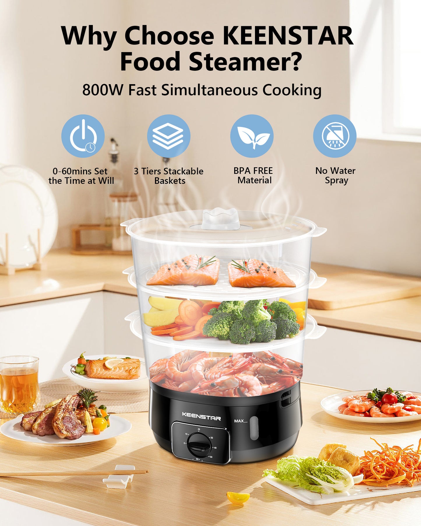 13.7QT Electric Food Steamer for Cooking, 3 Tier Vegetable Steamer, 800W Fast Simultaneous Cooking, 60-Minute Timer, Veggies Steamer, Ideal for Fish Seafood Rice, Stackable BPA-Free Baskets