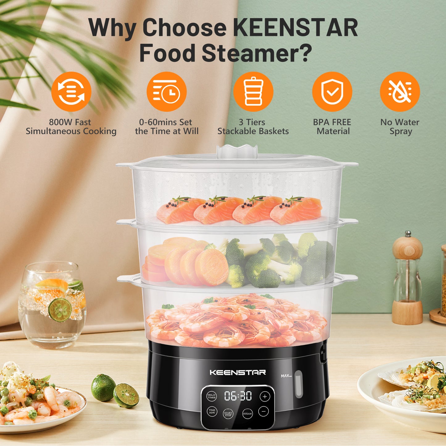 13.7QT Electric Food Steamer for Cooking, 3 Tiers BPA-Free Baskets Vegetable Steamer, Digital Steamer with Appointment