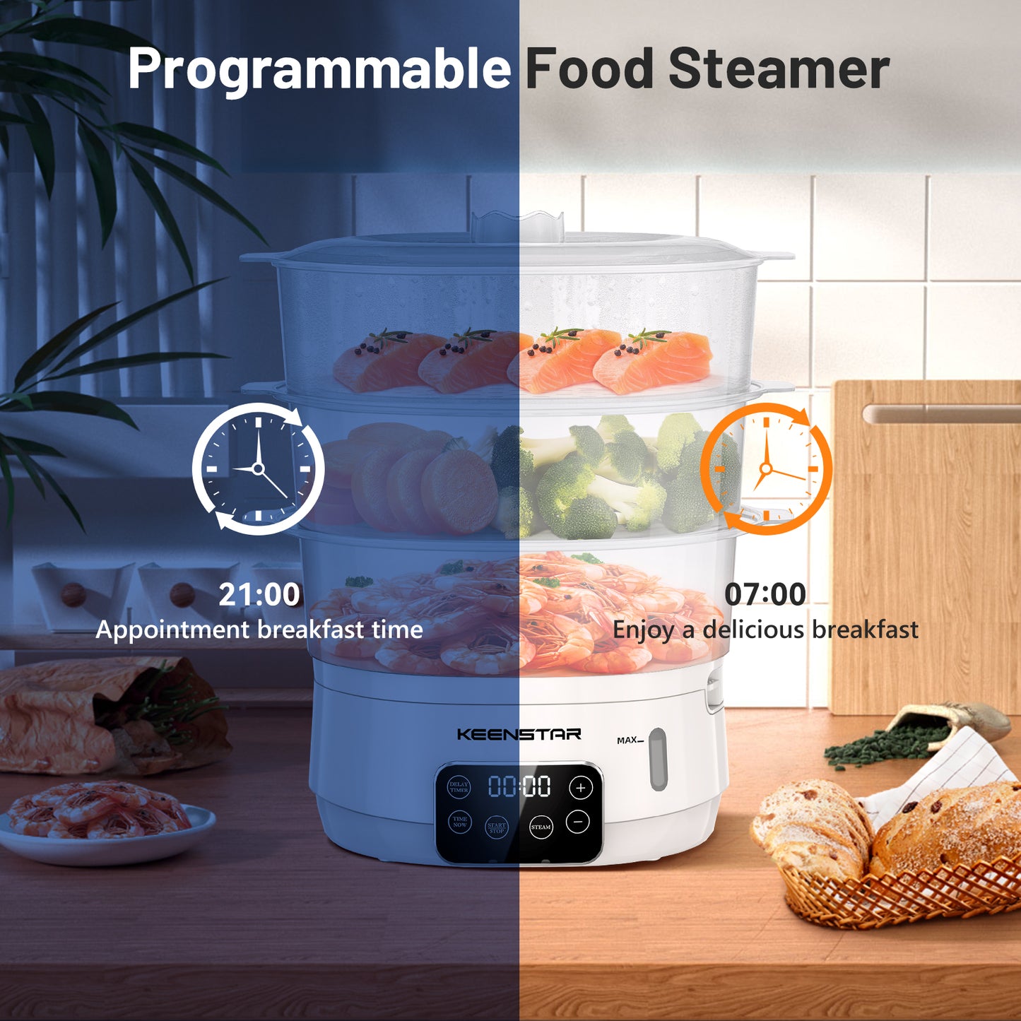 13.7QT Electric Food Steamer for Cooking, 3 Tiers BPA-Free Baskets Vegetable Steamer, Digital Steamer with Appointment